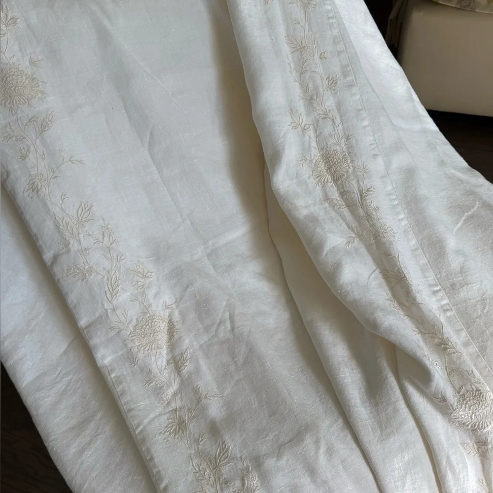 ETHAN ALLEN 100% LINEN Embroidered King Duvet Ivory Cover 95in x 98in